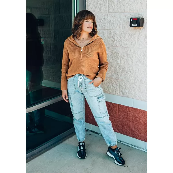 imageBTFBM Womens Casual Long Sleeve Half Zip Pullover Sweaters Solid V Neck Collar Ribbed Knitted Loose Slouchy Jumper TopsSolid Khaki