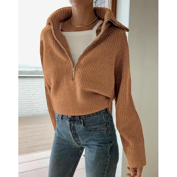 imageBTFBM Womens Casual Long Sleeve Half Zip Pullover Sweaters Solid V Neck Collar Ribbed Knitted Loose Slouchy Jumper TopsSolid Khaki