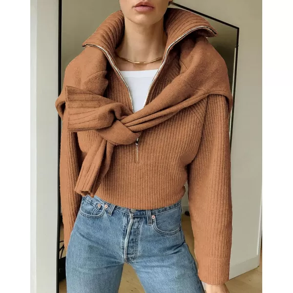 imageBTFBM Womens Casual Long Sleeve Half Zip Pullover Sweaters Solid V Neck Collar Ribbed Knitted Loose Slouchy Jumper TopsSolid Khaki