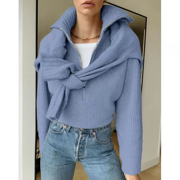 imageBTFBM Womens Casual Long Sleeve Half Zip Pullover Sweaters Solid V Neck Collar Ribbed Knitted Loose Slouchy Jumper TopsSolid Light Blue