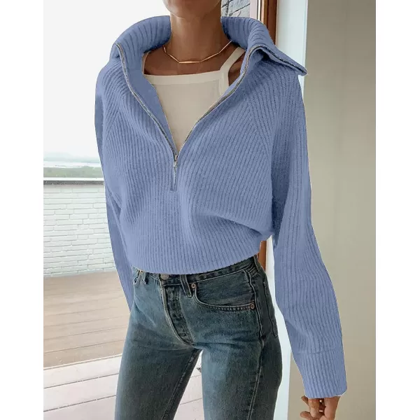 imageBTFBM Womens Casual Long Sleeve Half Zip Pullover Sweaters Solid V Neck Collar Ribbed Knitted Loose Slouchy Jumper TopsSolid Light Blue