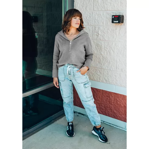 imageBTFBM Womens Casual Long Sleeve Half Zip Pullover Sweaters Solid V Neck Collar Ribbed Knitted Loose Slouchy Jumper TopsSolid Light Grey