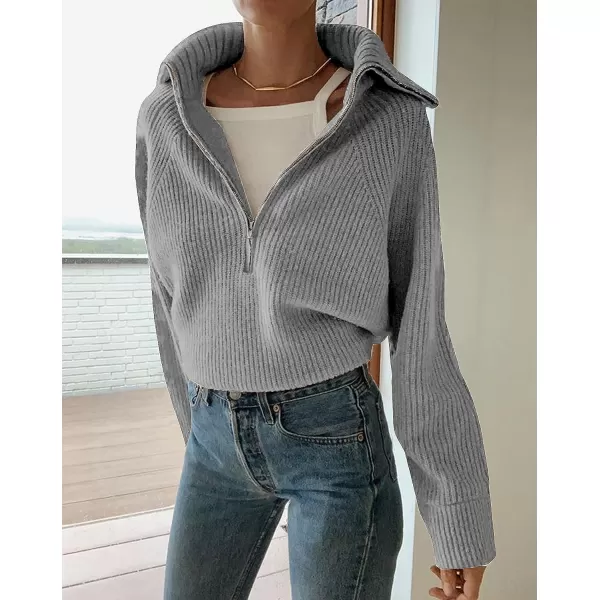 imageBTFBM Womens Casual Long Sleeve Half Zip Pullover Sweaters Solid V Neck Collar Ribbed Knitted Loose Slouchy Jumper TopsSolid Light Grey