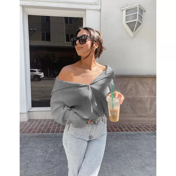 imageBTFBM Womens Casual Long Sleeve Half Zip Pullover Sweaters Solid V Neck Collar Ribbed Knitted Loose Slouchy Jumper TopsSolid Light Grey