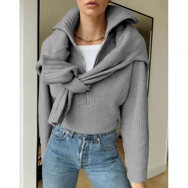 imageBTFBM Womens Casual Long Sleeve Half Zip Pullover Sweaters Solid V Neck Collar Ribbed Knitted Loose Slouchy Jumper TopsSolid Light Grey