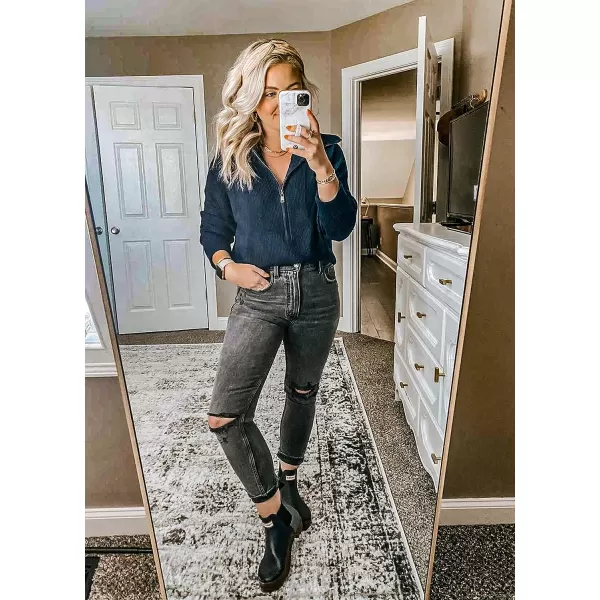 imageBTFBM Womens Casual Long Sleeve Half Zip Pullover Sweaters Solid V Neck Collar Ribbed Knitted Loose Slouchy Jumper TopsSolid Navy