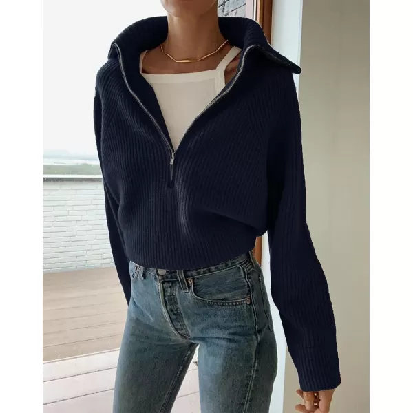 imageBTFBM Womens Casual Long Sleeve Half Zip Pullover Sweaters Solid V Neck Collar Ribbed Knitted Loose Slouchy Jumper TopsSolid Navy