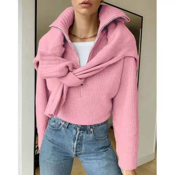 imageBTFBM Womens Casual Long Sleeve Half Zip Pullover Sweaters Solid V Neck Collar Ribbed Knitted Loose Slouchy Jumper TopsSolid Pink