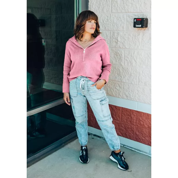 imageBTFBM Womens Casual Long Sleeve Half Zip Pullover Sweaters Solid V Neck Collar Ribbed Knitted Loose Slouchy Jumper TopsSolid Pink