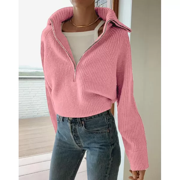 imageBTFBM Womens Casual Long Sleeve Half Zip Pullover Sweaters Solid V Neck Collar Ribbed Knitted Loose Slouchy Jumper TopsSolid Pink
