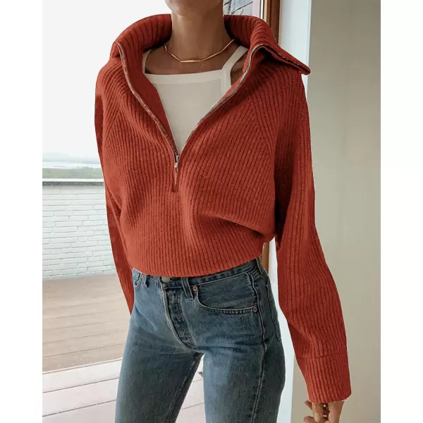 imageBTFBM Womens Casual Long Sleeve Half Zip Pullover Sweaters Solid V Neck Collar Ribbed Knitted Loose Slouchy Jumper TopsSolid Rust Red