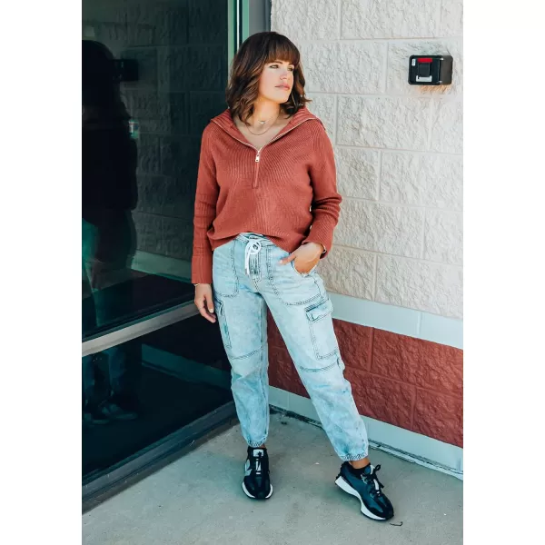 imageBTFBM Womens Casual Long Sleeve Half Zip Pullover Sweaters Solid V Neck Collar Ribbed Knitted Loose Slouchy Jumper TopsSolid Rust Red