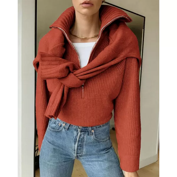 imageBTFBM Womens Casual Long Sleeve Half Zip Pullover Sweaters Solid V Neck Collar Ribbed Knitted Loose Slouchy Jumper TopsSolid Rust Red
