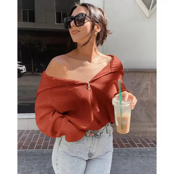 imageBTFBM Womens Casual Long Sleeve Half Zip Pullover Sweaters Solid V Neck Collar Ribbed Knitted Loose Slouchy Jumper TopsSolid Rust Red