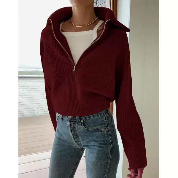 imageBTFBM Womens Casual Long Sleeve Half Zip Pullover Sweaters Solid V Neck Collar Ribbed Knitted Loose Slouchy Jumper TopsSolid Wine Red