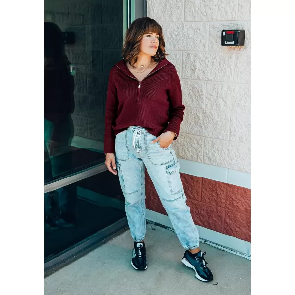 imageBTFBM Womens Casual Long Sleeve Half Zip Pullover Sweaters Solid V Neck Collar Ribbed Knitted Loose Slouchy Jumper TopsSolid Wine Red