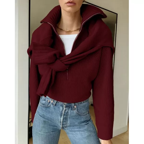 imageBTFBM Womens Casual Long Sleeve Half Zip Pullover Sweaters Solid V Neck Collar Ribbed Knitted Loose Slouchy Jumper TopsSolid Wine Red