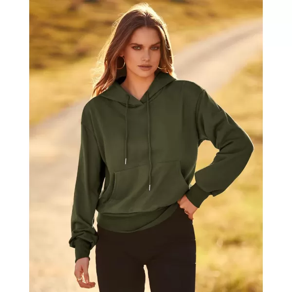 imageBTFBM Womens Casual Long Sleeve Hoodies Pullover Fall Winter 2023 Fashion Drawstring Cropped Sweatshirts Tops PocketsSolid Army Green