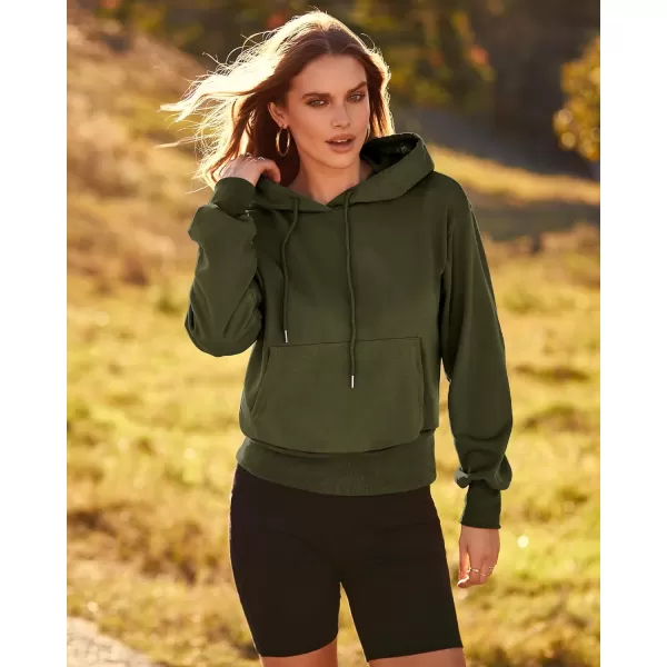 imageBTFBM Womens Casual Long Sleeve Hoodies Pullover Fall Winter 2023 Fashion Drawstring Cropped Sweatshirts Tops PocketsSolid Army Green