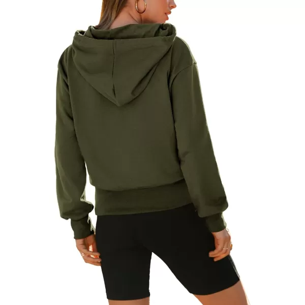 imageBTFBM Womens Casual Long Sleeve Hoodies Pullover Fall Winter 2023 Fashion Drawstring Cropped Sweatshirts Tops PocketsSolid Army Green