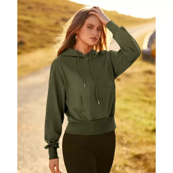 imageBTFBM Womens Casual Long Sleeve Hoodies Pullover Fall Winter 2023 Fashion Drawstring Cropped Sweatshirts Tops PocketsSolid Army Green