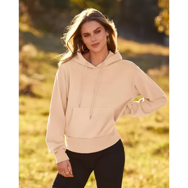 imageBTFBM Womens Casual Long Sleeve Hoodies Pullover Fall Winter 2023 Fashion Drawstring Cropped Sweatshirts Tops PocketsSolid Beige