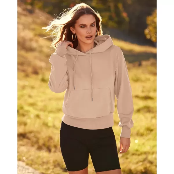 imageBTFBM Womens Casual Long Sleeve Hoodies Pullover Fall Winter 2023 Fashion Drawstring Cropped Sweatshirts Tops PocketsSolid Beige