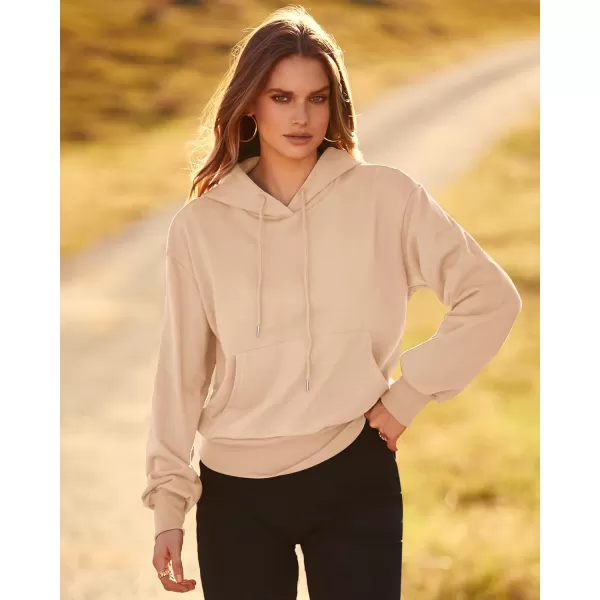 imageBTFBM Womens Casual Long Sleeve Hoodies Pullover Fall Winter 2023 Fashion Drawstring Cropped Sweatshirts Tops PocketsSolid Beige