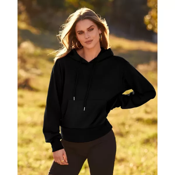 imageBTFBM Womens Casual Long Sleeve Hoodies Pullover Fall Winter 2023 Fashion Drawstring Cropped Sweatshirts Tops PocketsSolid Black