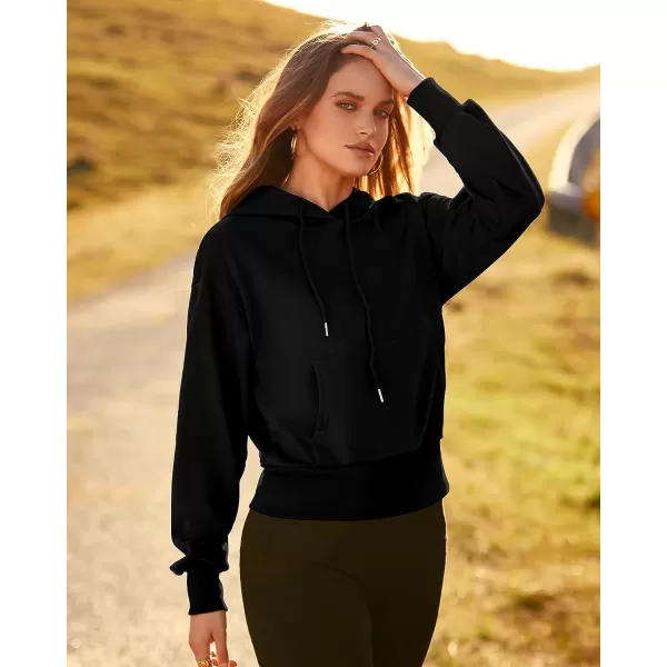 imageBTFBM Womens Casual Long Sleeve Hoodies Pullover Fall Winter 2023 Fashion Drawstring Cropped Sweatshirts Tops PocketsSolid Black