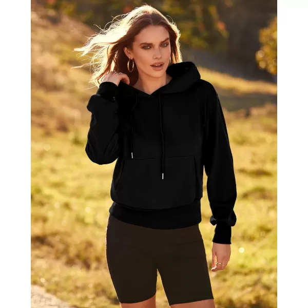imageBTFBM Womens Casual Long Sleeve Hoodies Pullover Fall Winter 2023 Fashion Drawstring Cropped Sweatshirts Tops PocketsSolid Black