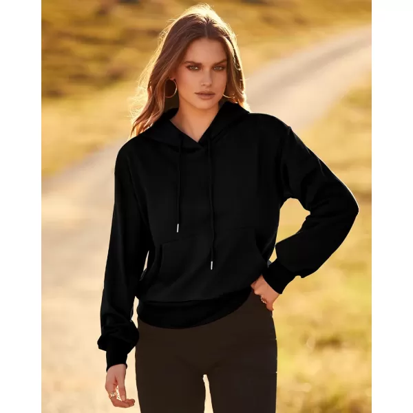 imageBTFBM Womens Casual Long Sleeve Hoodies Pullover Fall Winter 2023 Fashion Drawstring Cropped Sweatshirts Tops PocketsSolid Black