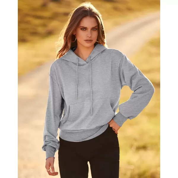 imageBTFBM Womens Casual Long Sleeve Hoodies Pullover Fall Winter 2023 Fashion Drawstring Cropped Sweatshirts Tops PocketsSolid Grey