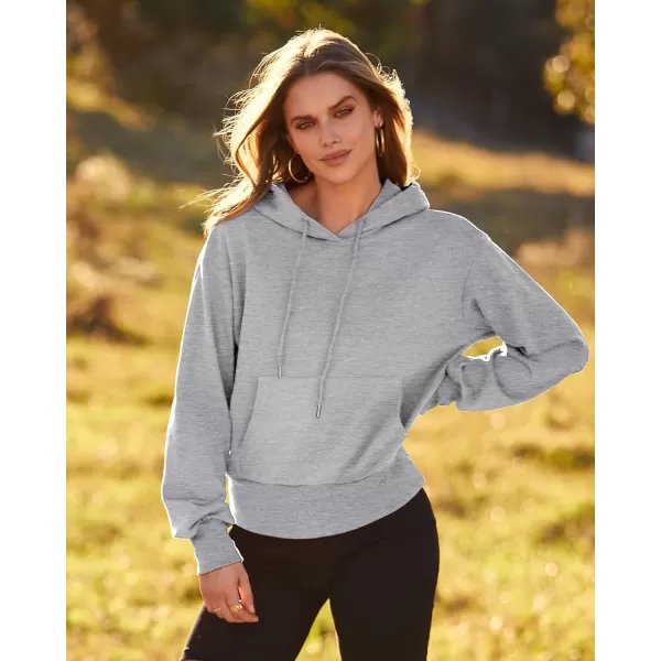 imageBTFBM Womens Casual Long Sleeve Hoodies Pullover Fall Winter 2023 Fashion Drawstring Cropped Sweatshirts Tops PocketsSolid Grey