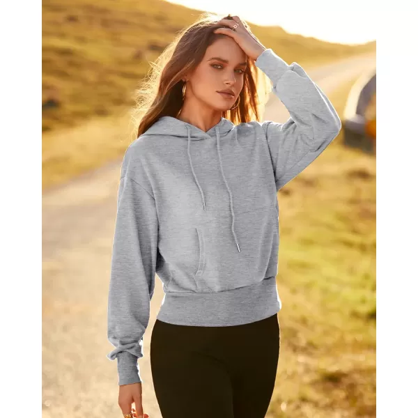 imageBTFBM Womens Casual Long Sleeve Hoodies Pullover Fall Winter 2023 Fashion Drawstring Cropped Sweatshirts Tops PocketsSolid Grey