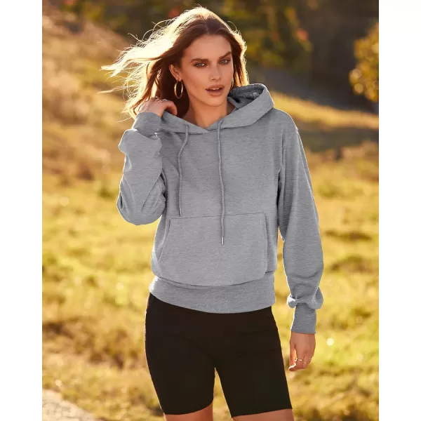 imageBTFBM Womens Casual Long Sleeve Hoodies Pullover Fall Winter 2023 Fashion Drawstring Cropped Sweatshirts Tops PocketsSolid Grey