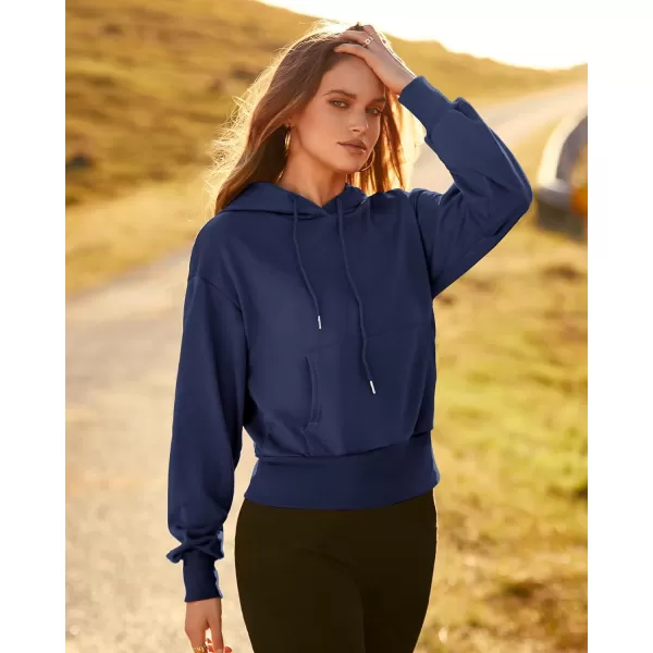imageBTFBM Womens Casual Long Sleeve Hoodies Pullover Fall Winter 2023 Fashion Drawstring Cropped Sweatshirts Tops PocketsSolid Navy