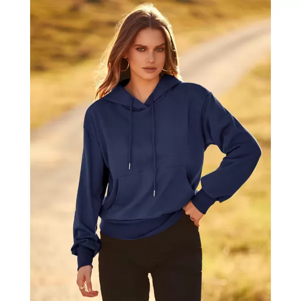 imageBTFBM Womens Casual Long Sleeve Hoodies Pullover Fall Winter 2023 Fashion Drawstring Cropped Sweatshirts Tops PocketsSolid Navy