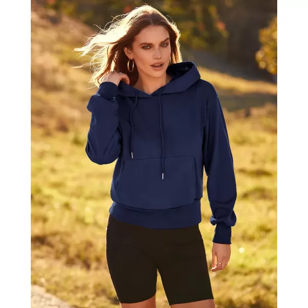 imageBTFBM Womens Casual Long Sleeve Hoodies Pullover Fall Winter 2023 Fashion Drawstring Cropped Sweatshirts Tops PocketsSolid Navy
