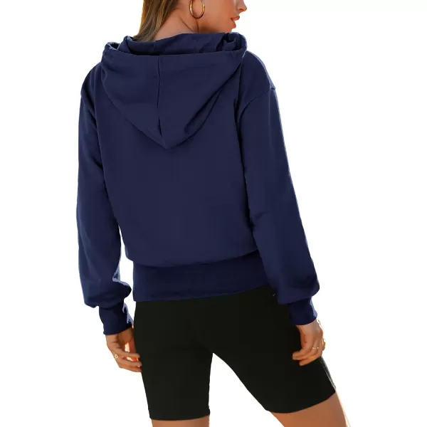 imageBTFBM Womens Casual Long Sleeve Hoodies Pullover Fall Winter 2023 Fashion Drawstring Cropped Sweatshirts Tops PocketsSolid Navy
