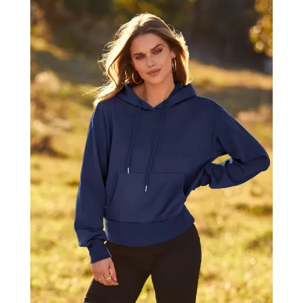 imageBTFBM Womens Casual Long Sleeve Hoodies Pullover Fall Winter 2023 Fashion Drawstring Cropped Sweatshirts Tops PocketsSolid Navy