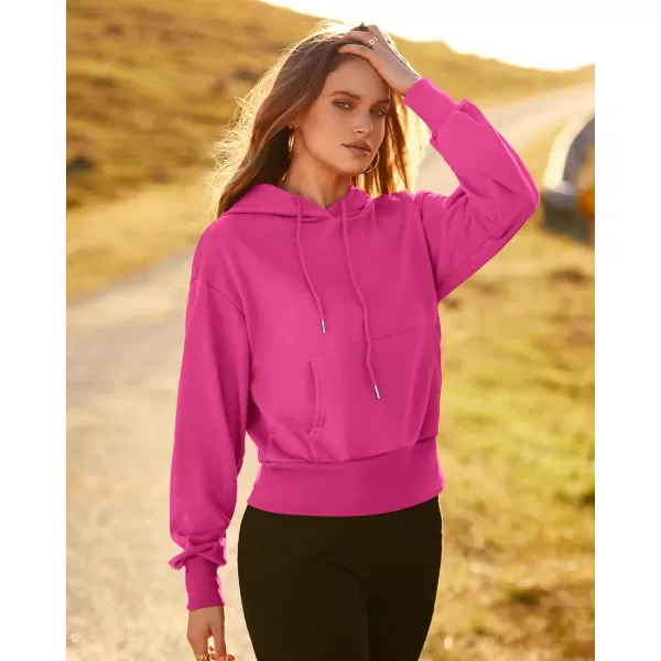 imageBTFBM Womens Casual Long Sleeve Hoodies Pullover Fall Winter 2023 Fashion Drawstring Cropped Sweatshirts Tops PocketsSolid Rose Red