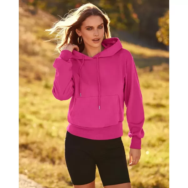 imageBTFBM Womens Casual Long Sleeve Hoodies Pullover Fall Winter 2023 Fashion Drawstring Cropped Sweatshirts Tops PocketsSolid Rose Red