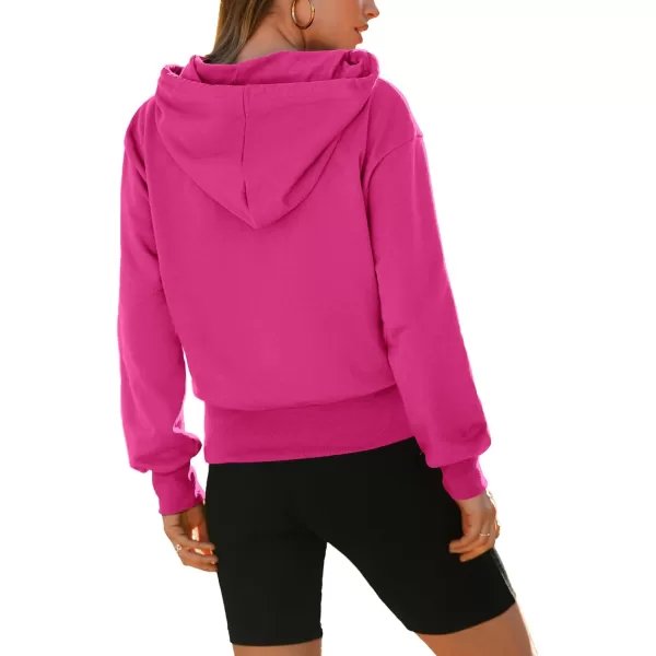 imageBTFBM Womens Casual Long Sleeve Hoodies Pullover Fall Winter 2023 Fashion Drawstring Cropped Sweatshirts Tops PocketsSolid Rose Red