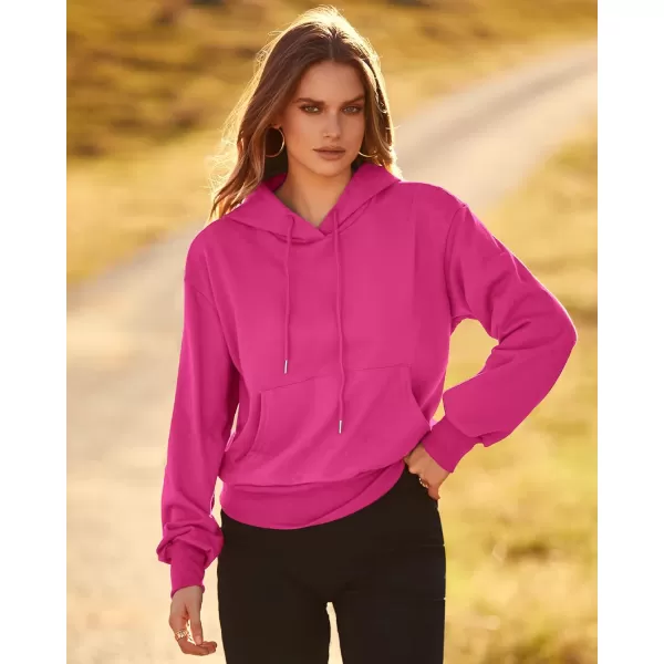 imageBTFBM Womens Casual Long Sleeve Hoodies Pullover Fall Winter 2023 Fashion Drawstring Cropped Sweatshirts Tops PocketsSolid Rose Red