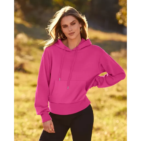 imageBTFBM Womens Casual Long Sleeve Hoodies Pullover Fall Winter 2023 Fashion Drawstring Cropped Sweatshirts Tops PocketsSolid Rose Red