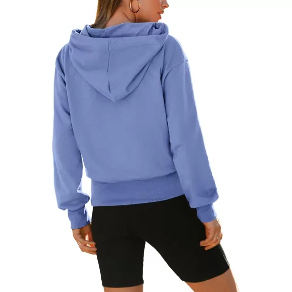 imageBTFBM Womens Casual Long Sleeve Hoodies Pullover Fall Winter 2023 Fashion Drawstring Cropped Sweatshirts Tops PocketsSolid Sky Blue