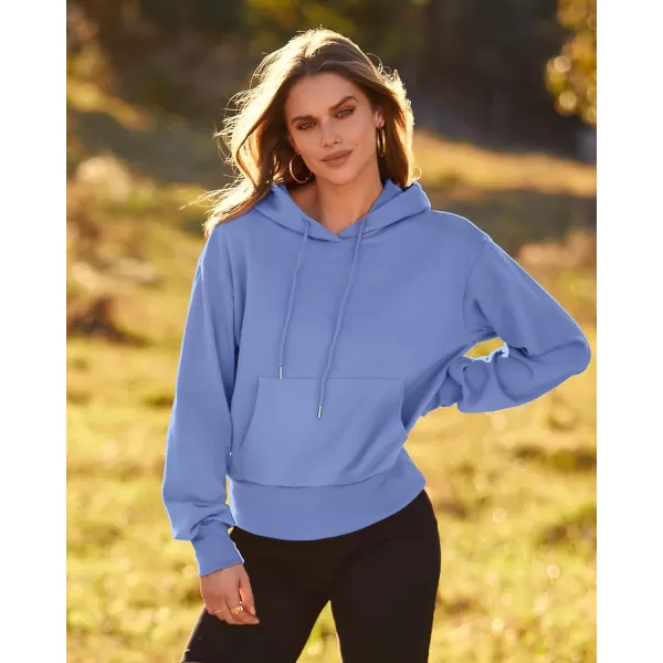 imageBTFBM Womens Casual Long Sleeve Hoodies Pullover Fall Winter 2023 Fashion Drawstring Cropped Sweatshirts Tops PocketsSolid Sky Blue