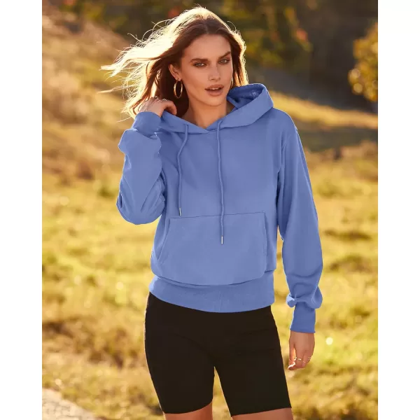 imageBTFBM Womens Casual Long Sleeve Hoodies Pullover Fall Winter 2023 Fashion Drawstring Cropped Sweatshirts Tops PocketsSolid Sky Blue