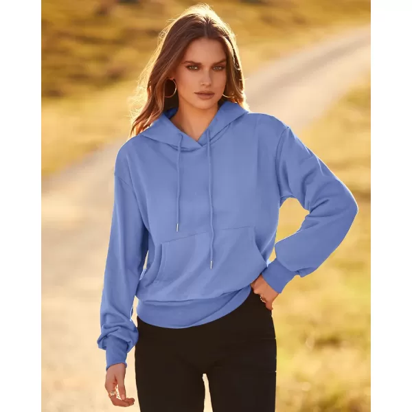 imageBTFBM Womens Casual Long Sleeve Hoodies Pullover Fall Winter 2023 Fashion Drawstring Cropped Sweatshirts Tops PocketsSolid Sky Blue